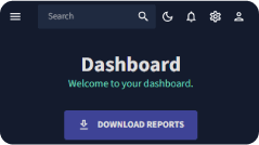 Dark blue background with a search bar on the top with some white icons, it's written "Dashboard" on the center and there is a purple button under it written "Download reports".