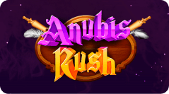 A 3D typography written "Anubis Rush" in purple and yellow with a dark purple background