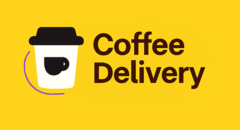 A black and white cup written Coffe Delivery and coffee seeds around it