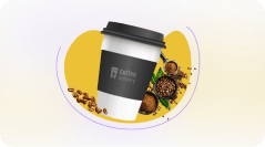 A black and white cup written Coffe Delivery and coffee seeds around it