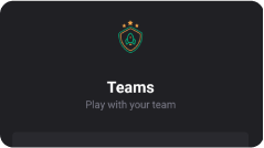 A dark background with a logo that is an icon with a green rocket inside a shield and 3 gold stars above it. On the center it's written "Teams - Play with your team".