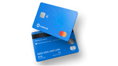 Two blue credit cards crossing each other, showing their front and back sides